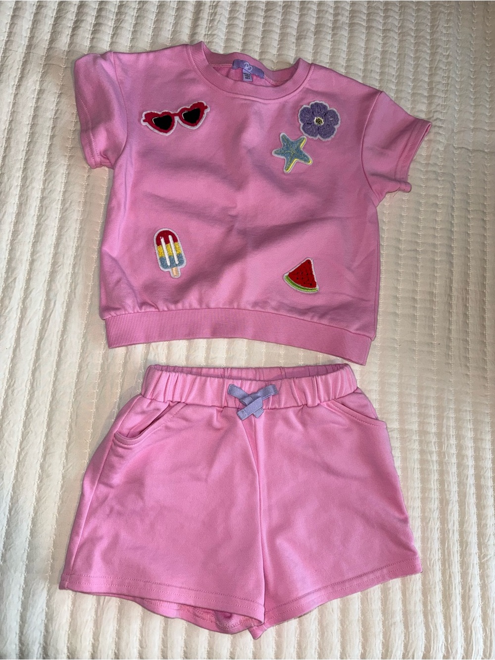 R2 Pink Girls Matching Short Set with Patches